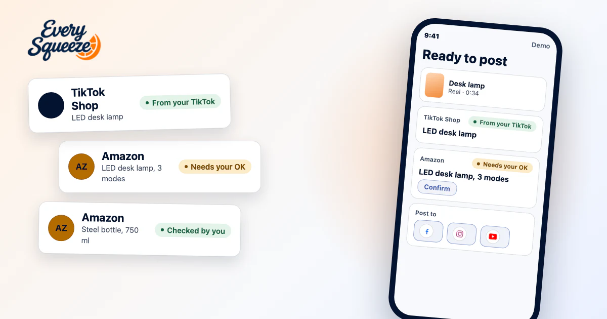 Demo screen matching a TikTok Shop product to its Amazon listing, on a phone with a card for each platform
